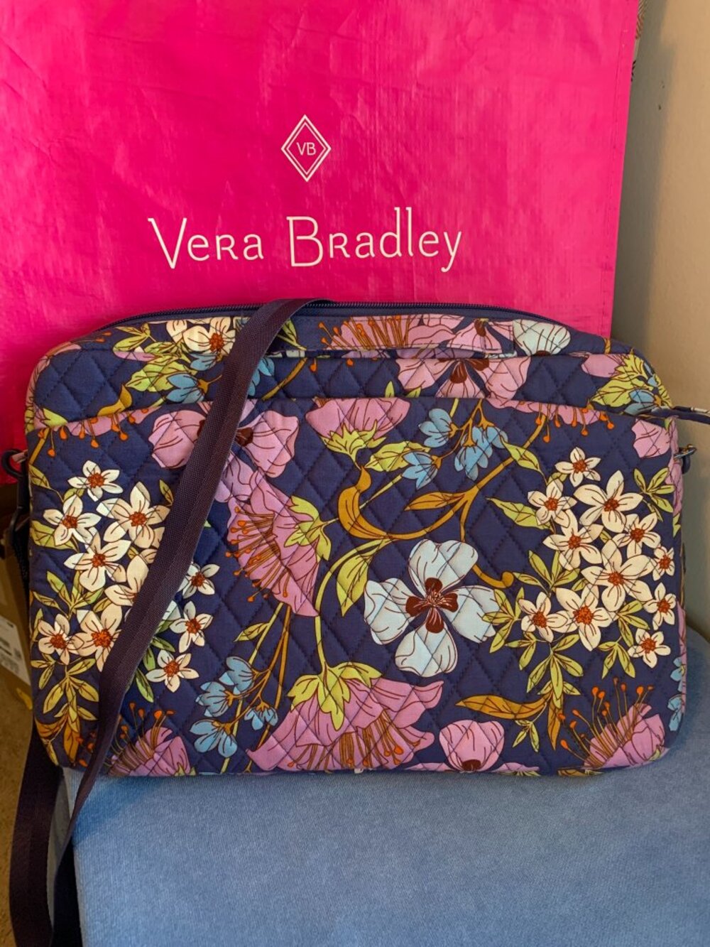 Vera Bradley Laptop Crossbody bag Coffee Garden blue floral spring EUC
